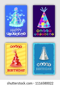 Happy birthday set of bright celebrating cards, vector illustration of different cones with floral and geometrical ornaments, isolated hats collection