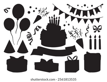 Feliz aniversário com bolo. Balões e presentes, velas e chapéus de festa, faixa de fita e grinalda. Ilustração gráfica vetorial isolada. Coleção de ícones da silhueta. Clipart para cartão, impressão, têxtil.