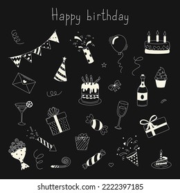 Happy birthday Set. Cakes, crackers, gifts and other items. The concept of a holiday, birthday, congratulations. Outline vector illustration in doodle style on a black background.