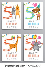 Happy Birthday. Set of birthday card with cute animals vector illustration