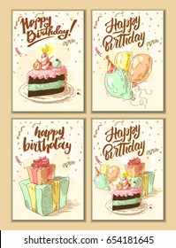 Happy birthday. Set of cards. Good for greeting card for birthday, invitation or banner. Vector illustration.