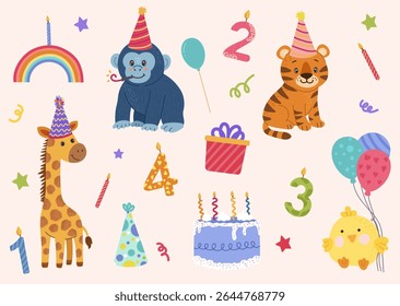  Happy birthday set with cartoon animals. For birthday party, greeting card, invitation, event, poster, sticker, prints.