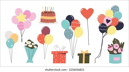 Happy birthday set with cartoon cake, flower bouquets, air balloons and gifts. Presents for festive event party, greeting card design elements isolated. Vector illustration