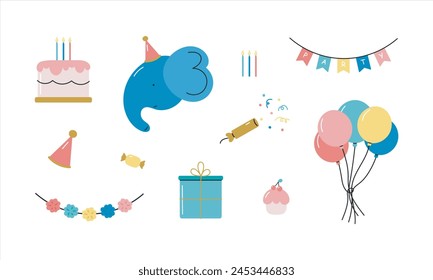 Happy birthday set in cartoon flat style. Cake, balls, cracker, gift, garland. Good for baby shower invitations, party, birthday cards, stickers, prints.