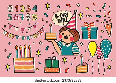 Happy birthday set with cartoon girl holding a piece of cake, gifts illustrations on pink background. Sticker style greeting card in retro style. Cute postcard for child or design for your brand.