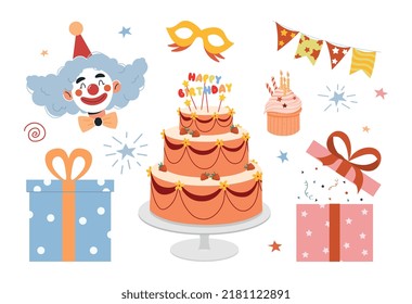 Happy Birthday set. Collection of stickers for social networks. Clown, cake, cupcake, mask, gift and confetti. Event and festive. Cartoon flat vector illustrations isolated on white background