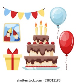 Happy birthday set of color images, vector design elements.