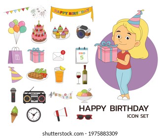 Happy Birthday set concept flat icons
