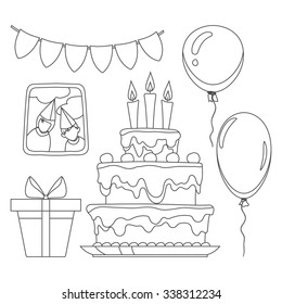 Happy birthday set of contour images, vector design elements.