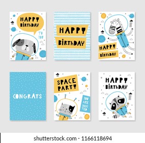Happy birthday: set of cute card templates with space animals . Hand drawn graphic for typography poster, card, flyer, banner, baby wear, nursery. Vector illustration in blue and yellow. 
