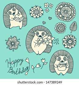 Happy Birthday. A set of design elements for baby: cute hedgehogs and flowers. Vector illustration.