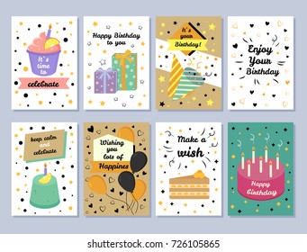 Happy Birthday Set Of Different Cards Celebration, Wishing All The Best And Lots Of Positive Things, Cake And Candles Vector Illustration