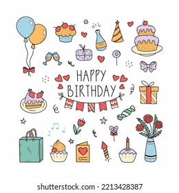 Happy Birthday. Set of doodle icon and beautiful inscription. Decor of postcard. Hand drawn illustration. Sticker.