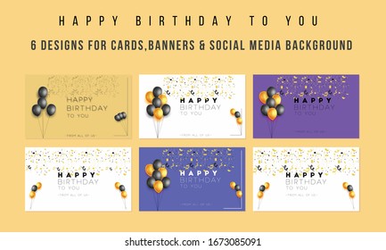 happy birthday set of elegant greeting card with black and gold balloons and falling confetti,
Happy Birthday holiday banner,3d realistic glossy balloons and falling confetti