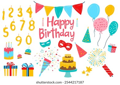 Happy birthday set elements in flat graphic design. Collection of cakes with candles, cupcakes, carnival mask, party hats, balloons, fireworks, flag garland, numbers, gift boxes. Vector illustration.