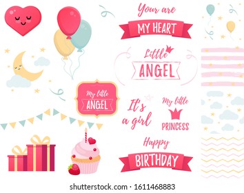 Happy birthday set. Elements for birthday party. Vector flat illustration.