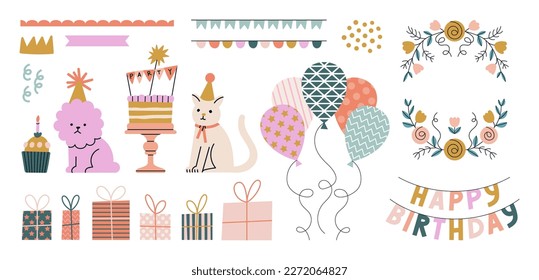 Happy Birthday set - elements for posters, invitation or greeting card design. Animals, balloons, garlands, gifts, cake in funny cartoon style. Hand drawn vector illustration. Birthday party concept