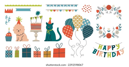 Juego de cumpleaños feliz - elementos para afiches, invitación o diseño de tarjeta de saludo. Animales, globos, guirnaldas, regalos, tartas con un divertido estilo de dibujos animados. Ilustración vectorial dibujada a mano. Concepto de fiesta de cumpleaños