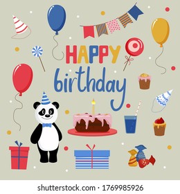 Happy birthday set. Flat cartoon elements for your design.