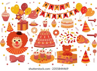 Happy birthday set. Flat vector illustration. EPS 10.