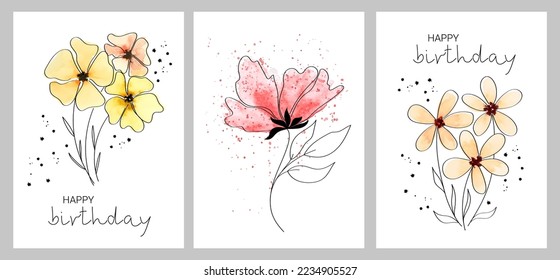 Happy birthday! A set of greeting cards with flowers. Mixed technique of watercolor drawings with vector doodles. Suitable for wedding invitations, blogs, frames, labels, web. Botanical rustic design.