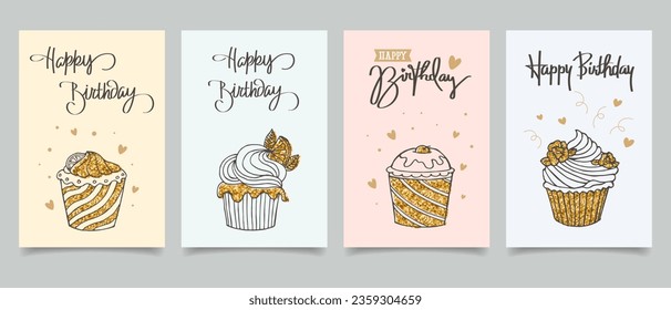 Happy birthday. Set of greeting cards with cakes, balloons, gifts and party hats with calligraphy. Cute congratulations templates in a simple style. Vector