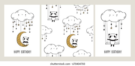 Happy Birthday. Set of Greeting cards with cute pandas on the moon and swing. Seamless pattern for gift wrap, textile or book covers, wallpapers and scrapbook. White background. Vector illustration.