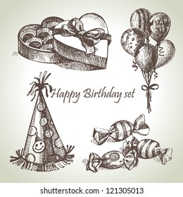 Happy Birthday set, hand drawn illustrations