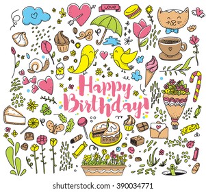 Happy Birthday set. Hand drawn illustration. Isolated vector elements. Cake, flowers and sweets. Template for greeting card, invitation or print. 