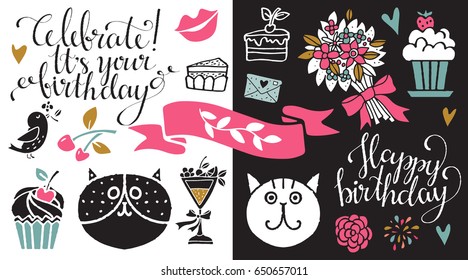 Happy birthday set hand drawn isolated. Handwritten font, lettering