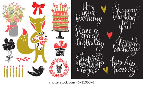 Happy birthday set. Hand drawn isolated. Handwritten font, lettering