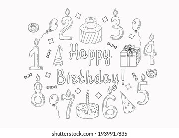 Feliz cumpleaños con íconos temáticos de vacaciones Números con velas y texto de cumpleaños feliz. Ilustración vectorial en estilo doodle. Decoración para el diseño de invitaciones, tarjetas, carteles. El entorno está aislado.