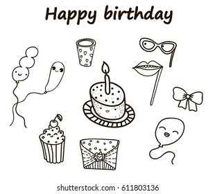 Happy birthday set. Set of icons for a holiday or birthday. Kawaii. Doodling. Vector illustration