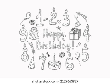 Happy birthday set of icons on the theme of the holiday. Numbers, pictures and text. Vector illustration in doodle style. Decor for registration of invitations, postcards. The background is isolated.