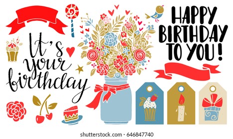Happy birthday set. Icons, signs, logos hand drawn isolated. Hand written font, lettering