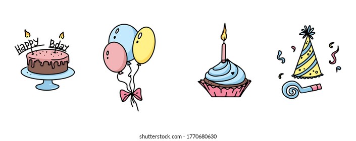 Happy birthday set of icons or stickers. Cake, Balloons, hat, and party accessories in pastel colors .Holiday illustration can use for highlights.