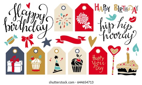 Happy birthday set. Icons, symbols, signs, stamps, patches, stickers, labels hand drawn isolated. Handwritten font, lettering