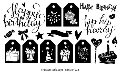 Happy birthday set. Icons, symbols, signs, stamps, patches, stickers, labels hand drawn isolated. Handwritten font, lettering