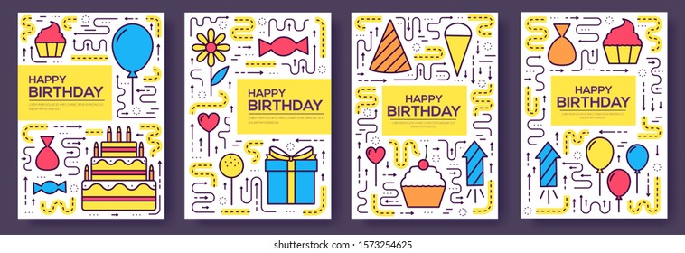 happy birthday set infographics template concept. Icons for your product or design, web and mobile applications. Vector flat with long shadow illustration on blue background