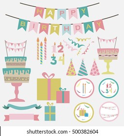 Happy Birthday set. Invitation, poster, greeting card. Vector illustration.