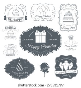 Happy birthday set label template of emblem element for your product or design, web and mobile applications with text. Vector illustration with thin lines isolated icons on stamp symbol. 