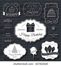 Happy birthday set label template of emblem element for your product or design, web and mobile applications with text. Vector illustration with thin lines isolated icons on stamp symbol