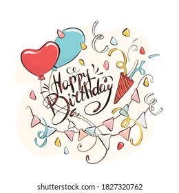 Happy Birthday set, lettering drawn by hand in doodle style. Congratulations and wishes, balloons and confetti. Anniversary celebration. Vector for design typography.