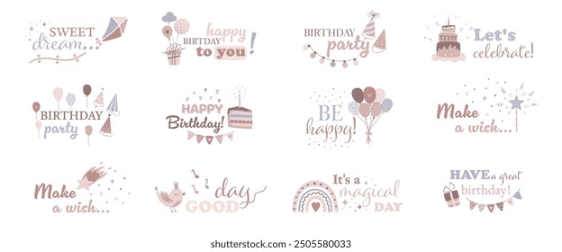 Happy birthday set of lettering in trendy flat design. Birthday party mood phrases with cute design elements in minimal style. Hand drawn vector illustration.
