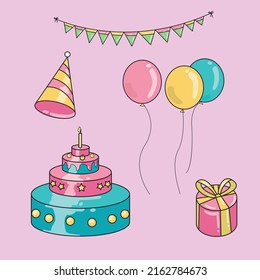 happy birthday set ornament decoration with flowers card design flat vector