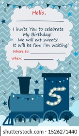 Happy Birthday set. Happy birthday paper garland. Banner or party invitation with stars, locomotives and zigzags in flat style. Vector illustration.Blue background. Place for text