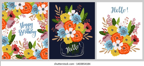 Happy birthday. Set of Templates for cards and banners with cute doodles flowers, vector