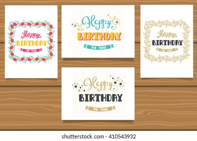 Happy Birthday. A set of templates for birthday cards. Hand lettering in flower frame.