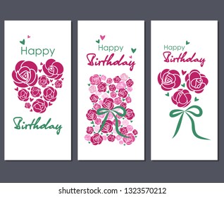 Happy Birthday. Set of three greeting cards. Teddy bear of roses. Bouquet of three roses with a ribbon. Heart of roses. Congratulatory text. Vector illustration