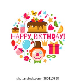 Happy Birthday set, vector flat illustration. Kids party and celebration design elements: cake, gift, clown, toy, sweet, fruit, food. Holiday icons.